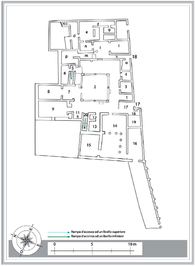 VII.16.17 Pompeii. Casa di Maius Castricius. Plan of first lower level floor. 

Plan M. Notomista and E. Piccirilli. 

See Varriale I., VII 16, Insula Occidentalis, 17, Casa di Maius Castricius in Aoyagi M., Pappalardo U., 2006. Pompei (Regiones VI-VII) Insula Occidentalis. Napoli: Valtrend, p 426, Tav. 12. 